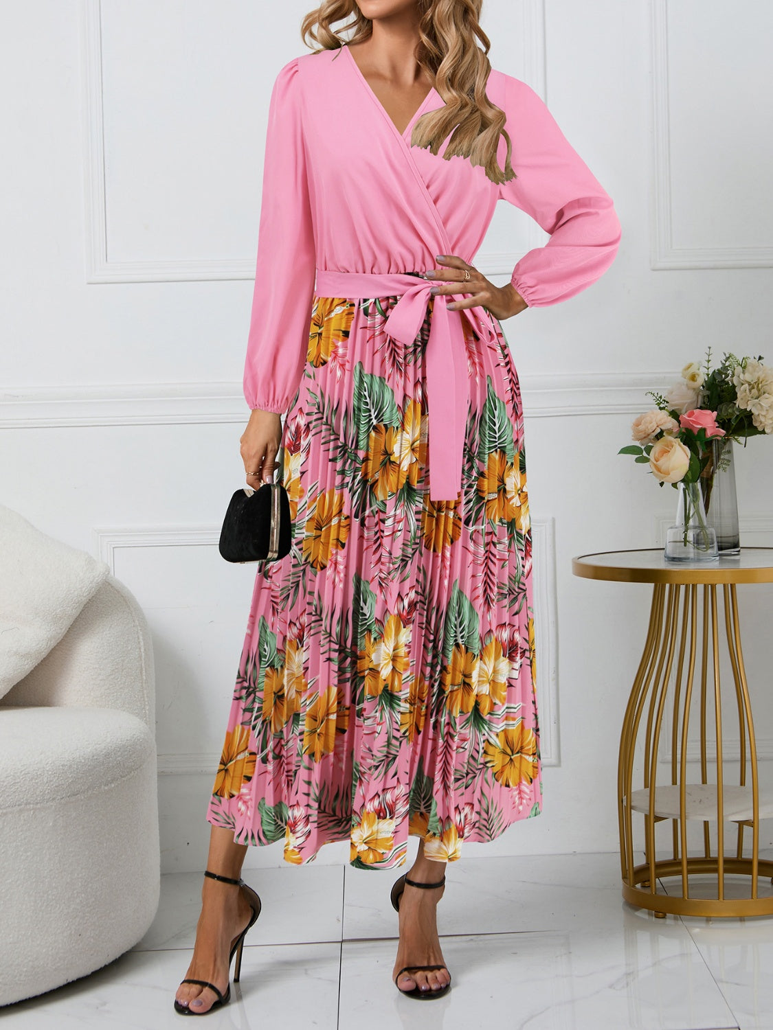 Pleated Printed Surplice Long Sleeve Dress-TOPS / DRESSES-[Adult]-[Female]-Pink-S-2022 Online Blue Zone Planet