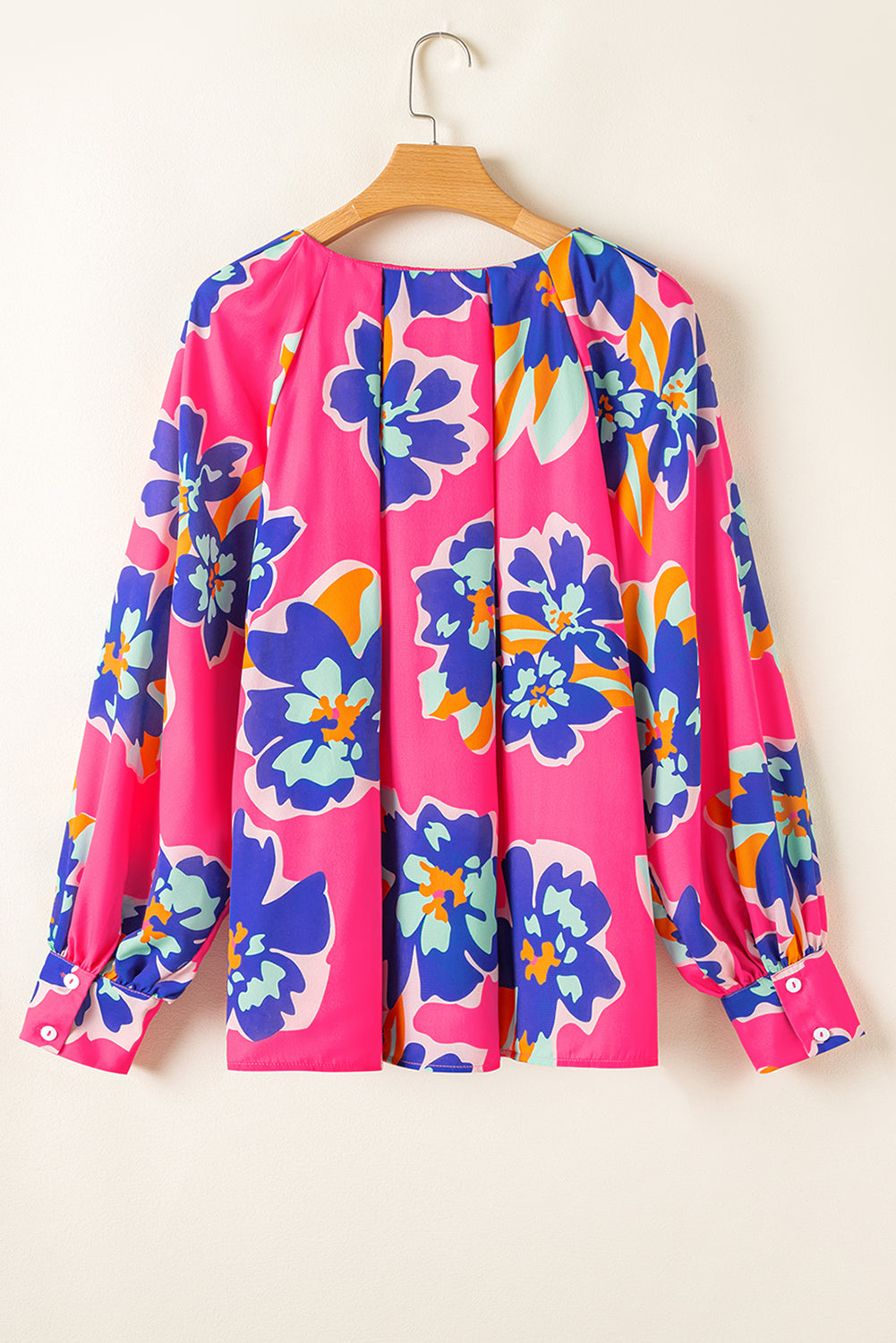 Blue Zone Planet | Rose Floral Pattern V Neck Balloon Sleeve Plus Size Blouse-Plus Size/Plus Size Tops/Plus Size Blouses & Shirts-[Adult]-[Female]-2022 Online Blue Zone Planet