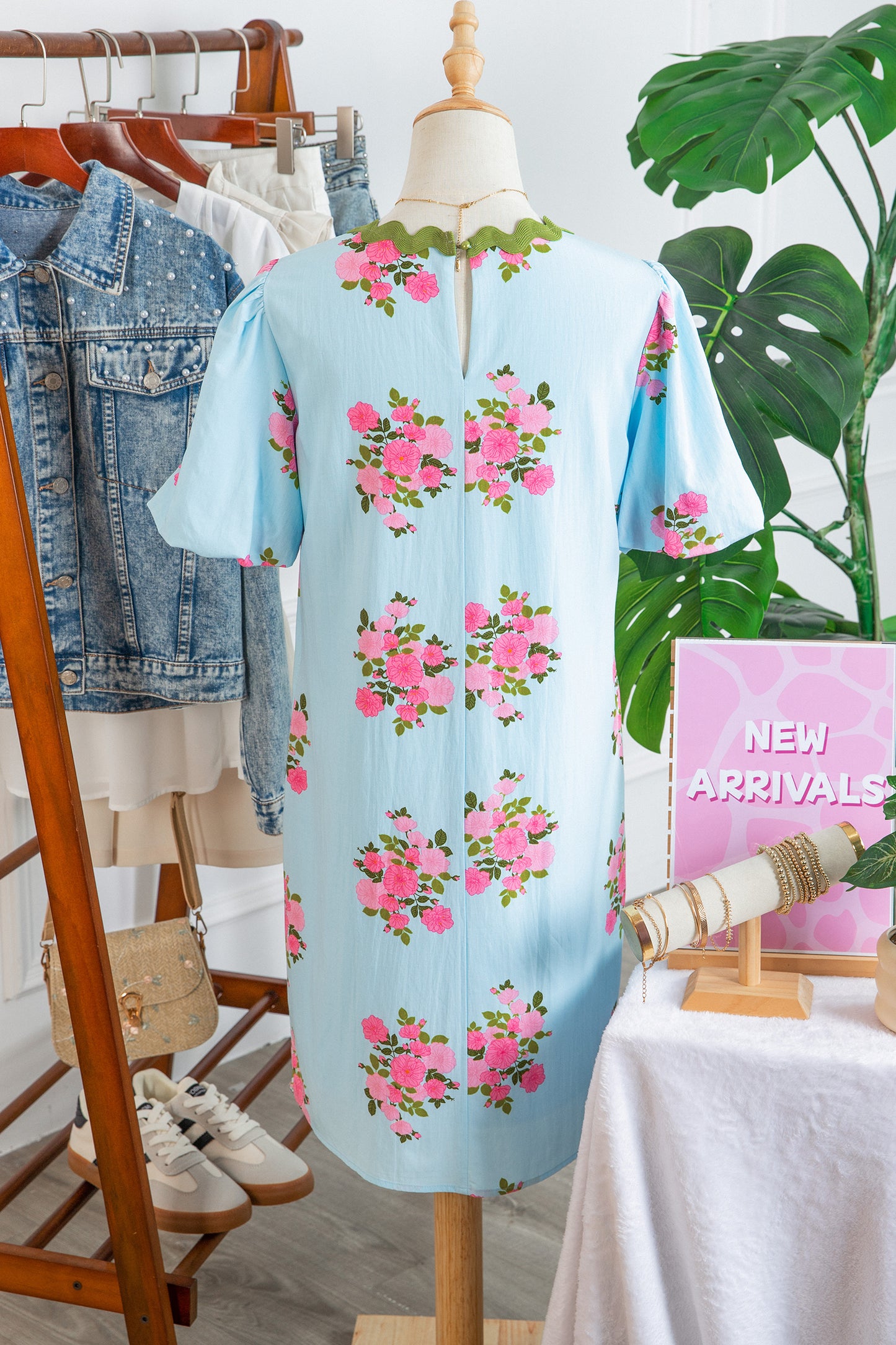Sky Blue Floral Printed Contrast Ricrac Detail Bubble Sleeve Dress-TOPS / DRESSES-[Adult]-[Female]-2022 Online Blue Zone Planet