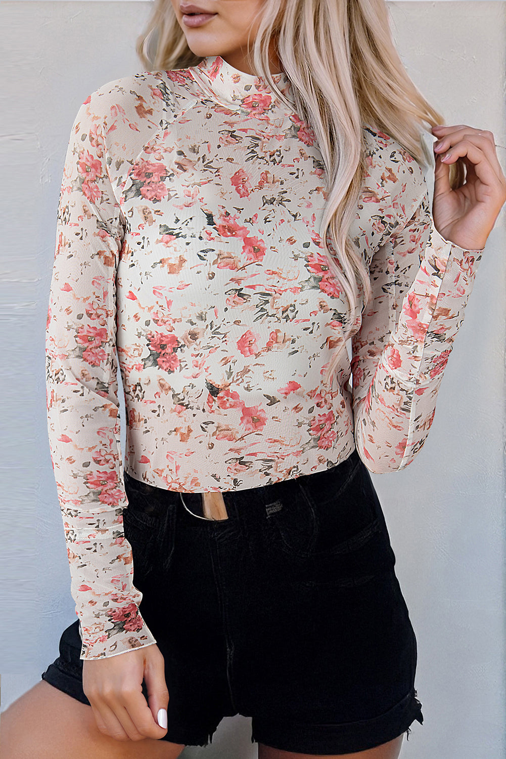 Blue Zone Planet | Pink Floral Long Sleeve High Neck Sheath Mesh Top-Tops/Blouses & Shirts-[Adult]-[Female]-2022 Online Blue Zone Planet