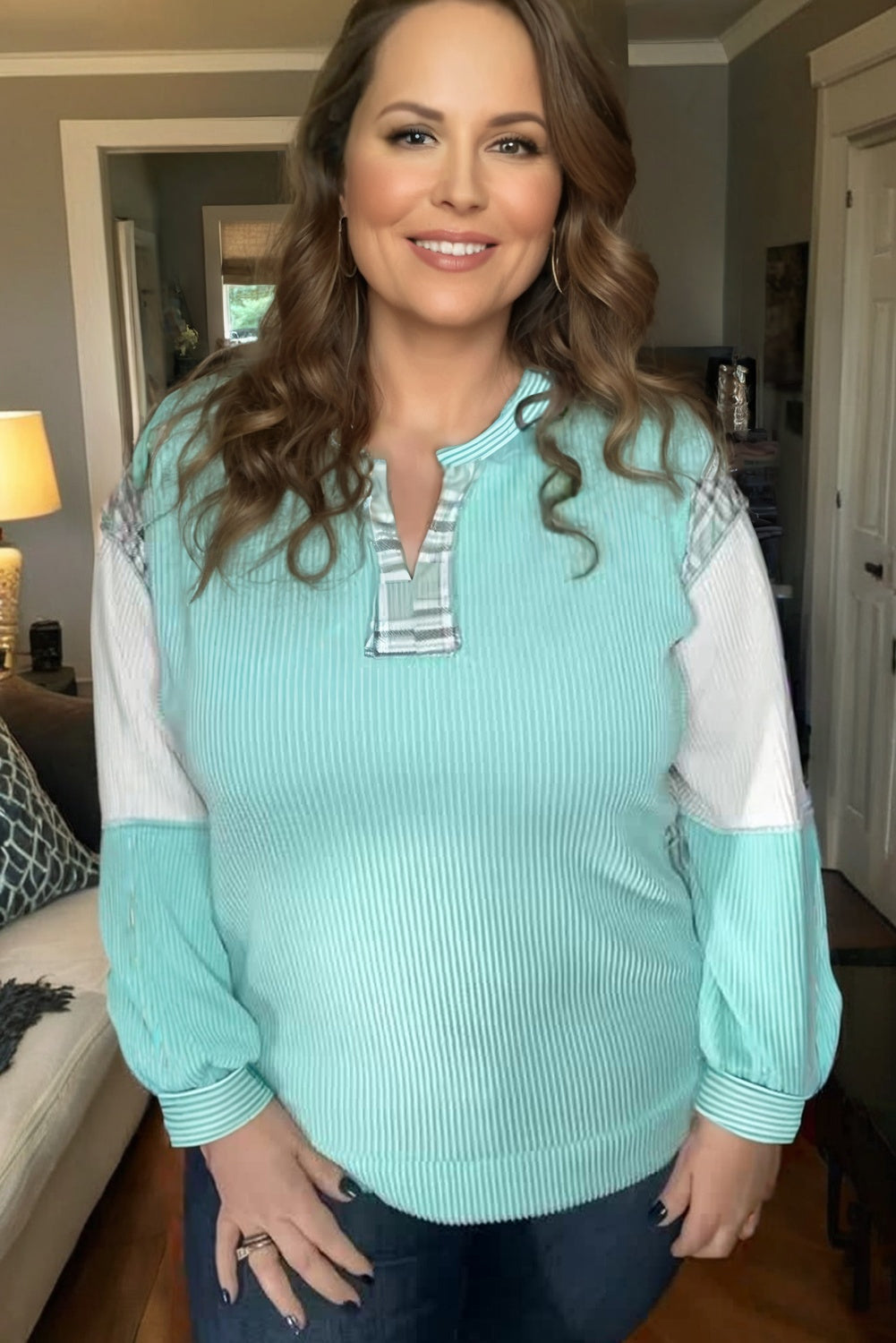Aruba Blue Twist Ribbed Color Block Plaid Patchwork Plus Size Long Sleeve Top-Plus Size/Plus Size Tops/Plus Size Long Sleeve Tops-[Adult]-[Female]-2022 Online Blue Zone Planet