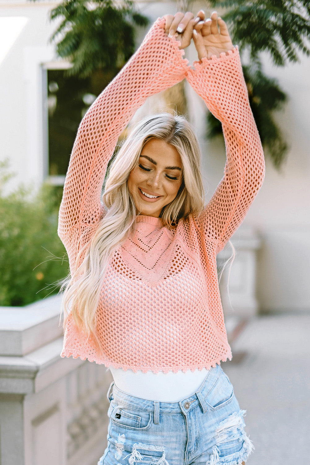 Pink Hollowed Eyelets Knit Bell Sleeve Sweater-Sale (50% OFF)/20% OFF-[Adult]-[Female]-2022 Online Blue Zone Planet
