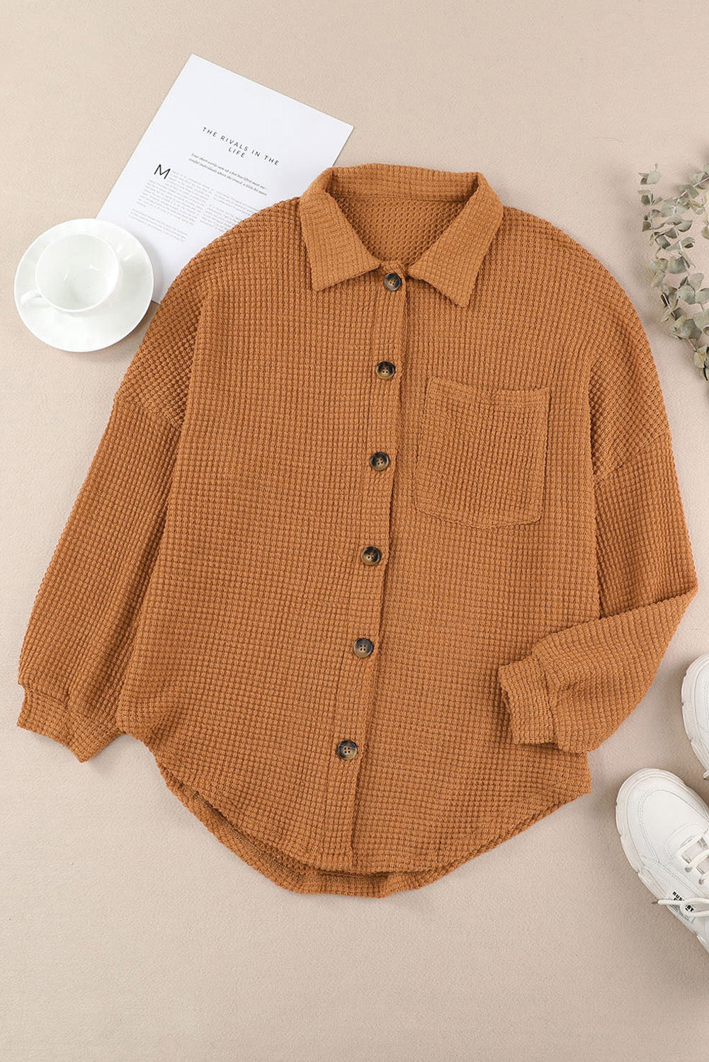 Waffle-Knit Collared Neck Long Sleeve Shirt-TOPS / DRESSES-[Adult]-[Female]-2022 Online Blue Zone Planet