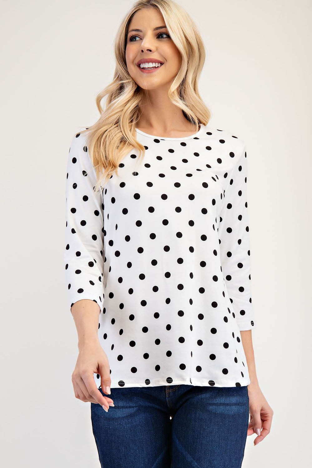 Celeste Full Size Polka Dot Round Neck Three-Quarter Sleeve T-Shirt-TOPS / DRESSES-[Adult]-[Female]-2022 Online Blue Zone Planet