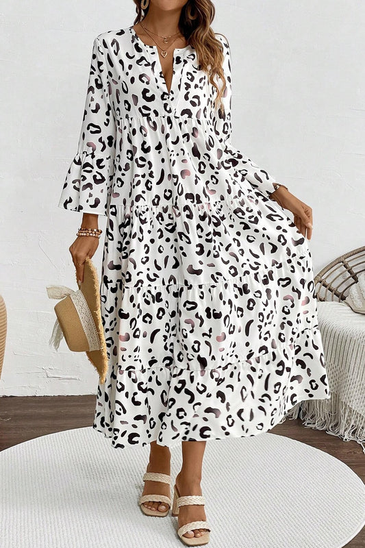 Leopard Notched Long Sleeve Dress-TOPS / DRESSES-[Adult]-[Female]-White-S-2022 Online Blue Zone Planet