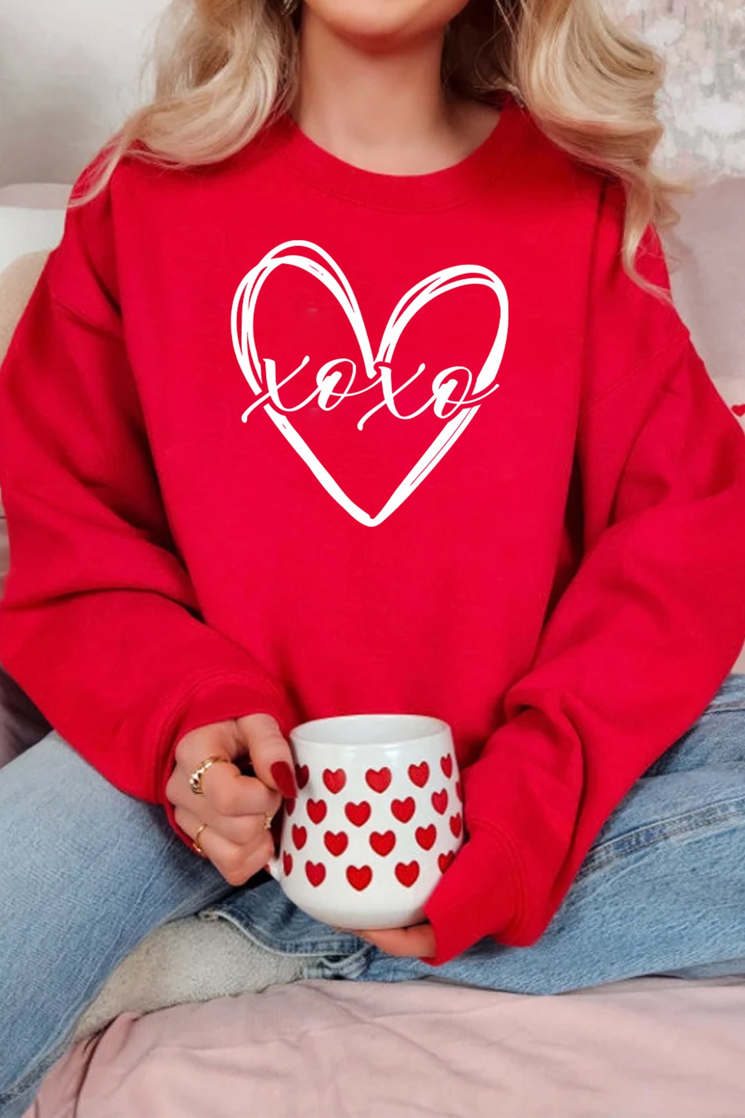 Red xoxo Valentines Heart Sketch Printed Pullover Sweatshirt-Graphic Sweatshirts-[Adult]-[Female]-2022 Online Blue Zone Planet