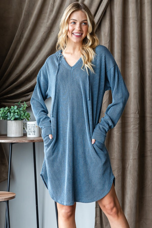 Blue Zone Planet | Heimish Ribbed Long Sleeve Hooded Dress-TOPS / DRESSES-[Adult]-[Female]-Dk Denim-S-2022 Online Blue Zone Planet