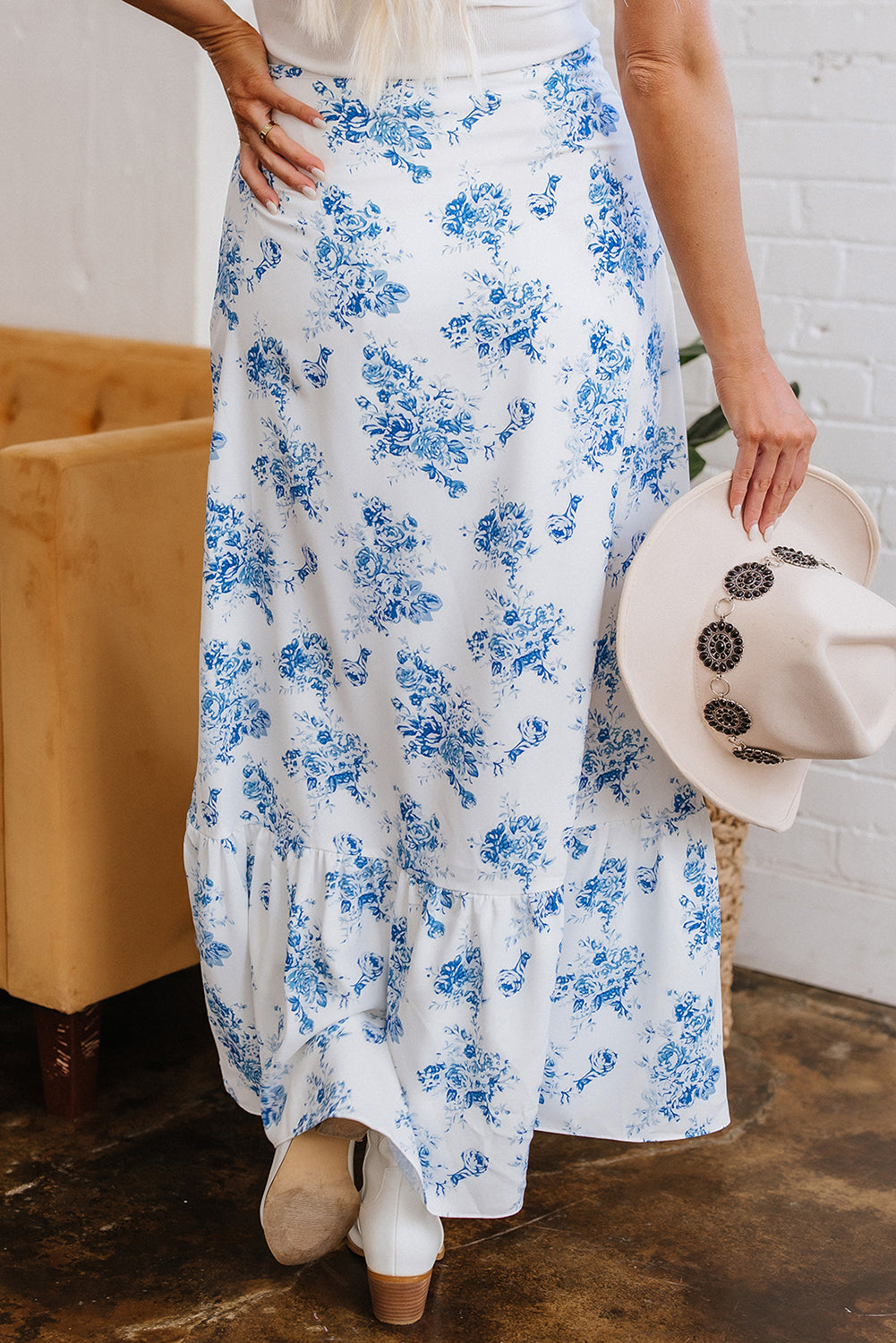 Sky Blue Boho Floral High Waist Ruffle Split Maxi Skirt-Bottoms/Skirts & Petticoat-[Adult]-[Female]-2022 Online Blue Zone Planet
