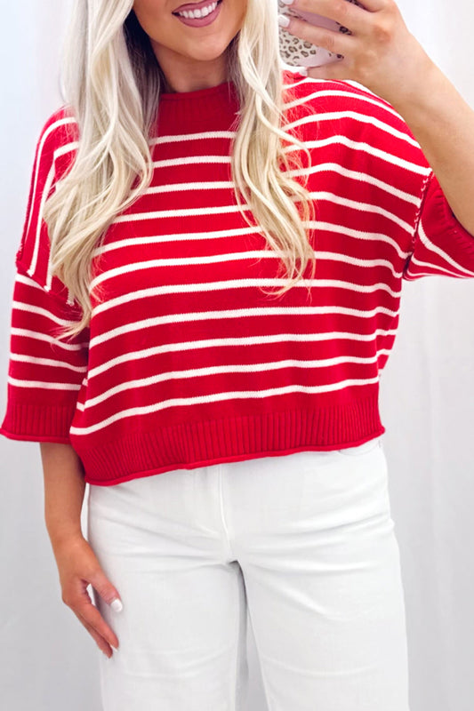 Red Stripe Dropped Shoulder Half Sleeve Relaxed Knit Sweater-Sweaters & Cardigans/Short Sleeve Sweaters-[Adult]-[Female]-Red Stripe-S-2022 Online Blue Zone Planet