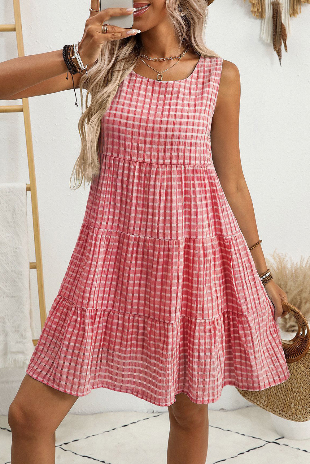 White Gingham High Waist Sleeveless Mini Dress-Short Dresses-[Adult]-[Female]-Red-2XL-2022 Online Blue Zone Planet