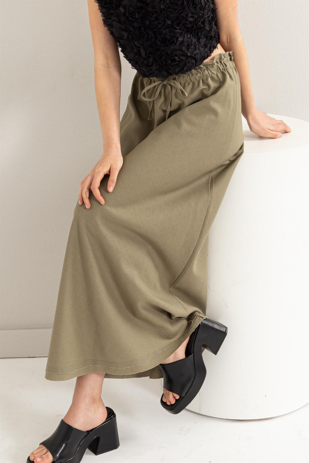 HYFVE Drawstring Washed Linen Maxi Skirt-[Adult]-[Female]-Olive-S-2022 Online Blue Zone Planet