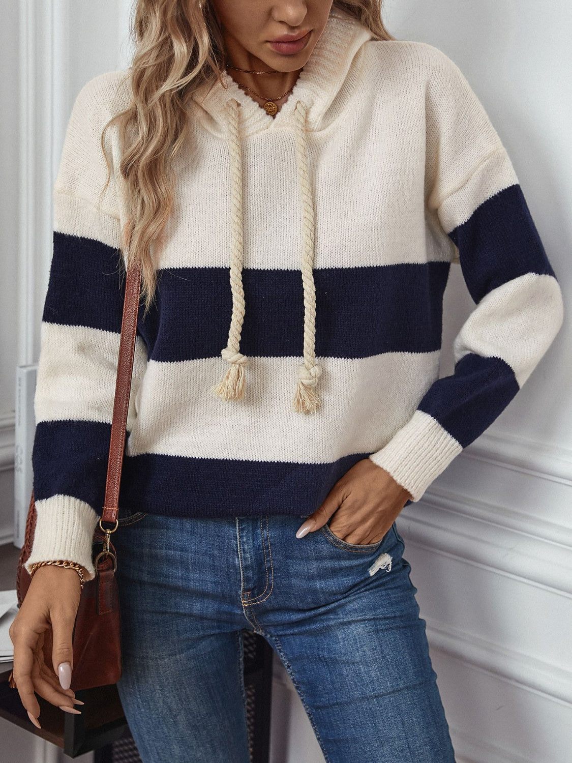 Drawstring Contrast Stripe Dropped Shoulder Hooded Sweater-TOPS / DRESSES-[Adult]-[Female]-2022 Online Blue Zone Planet