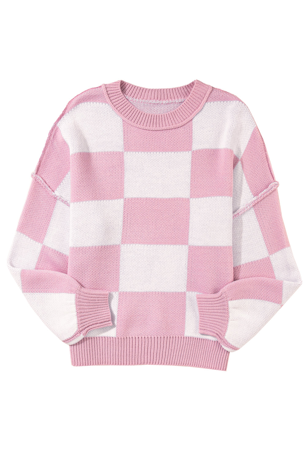 Blue Zone Planet | Pink Checked Bishop Sleeve Pullover Sweater-Sweaters-[Adult]-[Female]-2022 Online Blue Zone Planet