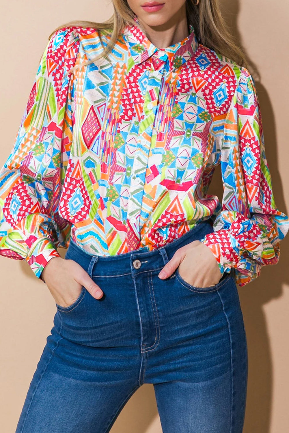 Multicolour Abstract Printed Long Sleeve Casual Shirt-Tops/Blouses & Shirts-[Adult]-[Female]-2022 Online Blue Zone Planet