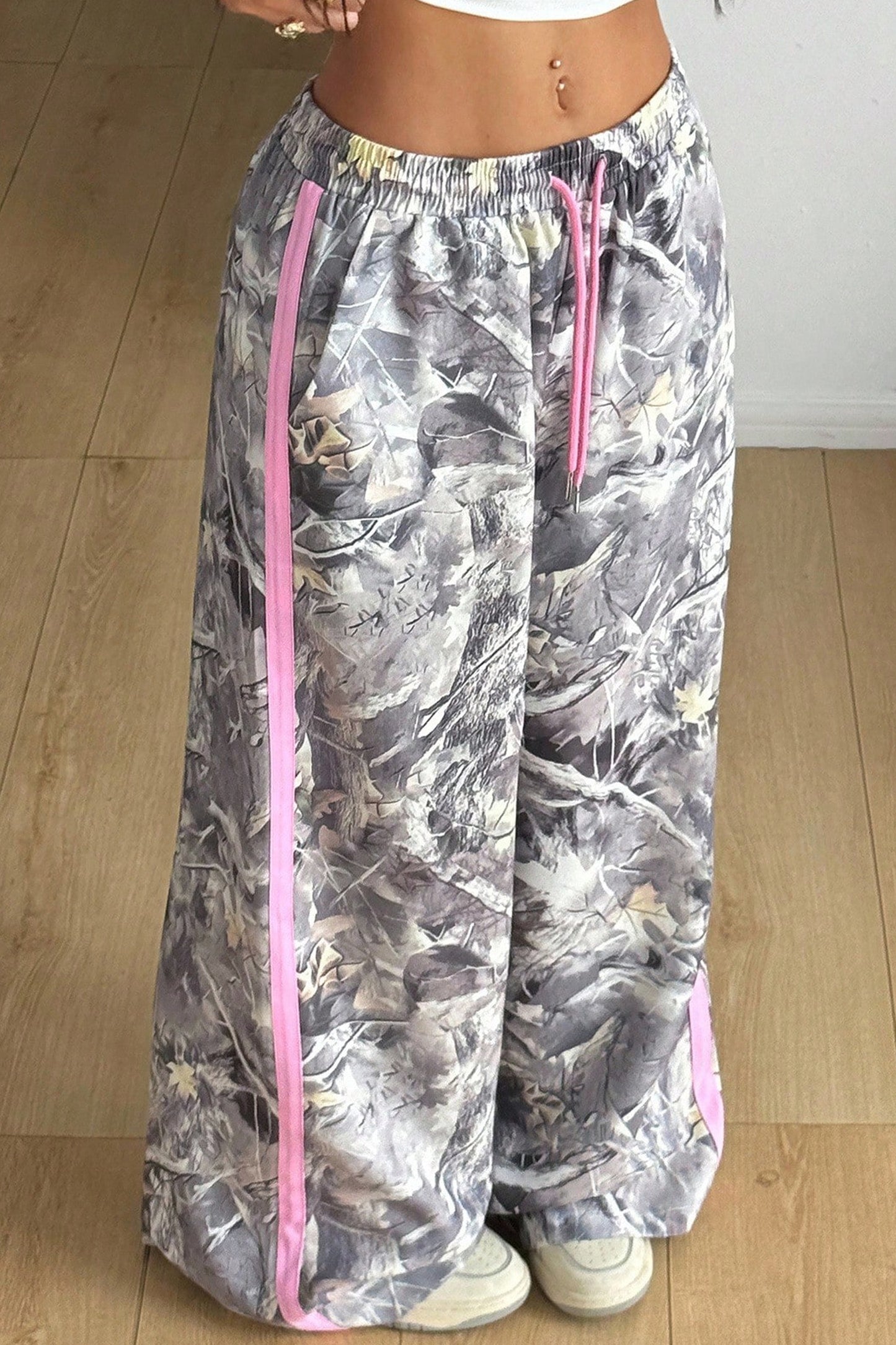 Gray Camo Woodland Print Color Block Detail Drawstring Wide Leg Sweatpants-Bottoms/Pants & Culotte-[Adult]-[Female]-2022 Online Blue Zone Planet