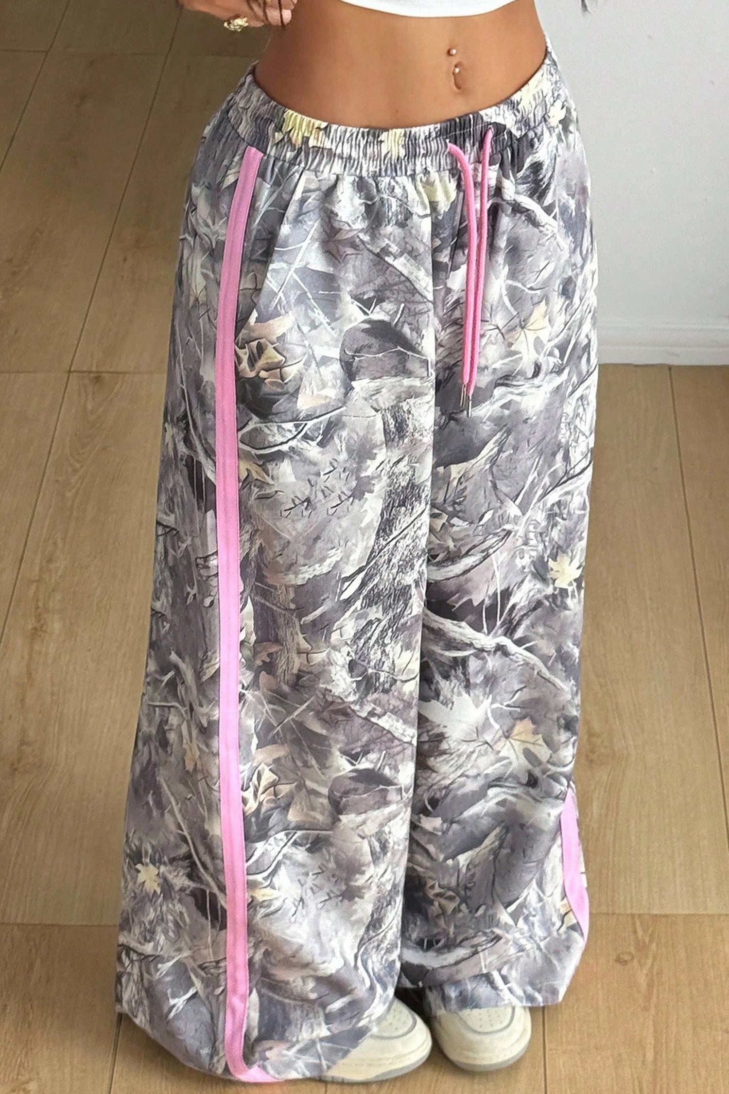 Gray Camo Woodland Print Color Block Detail Drawstring Wide Leg Sweatpants-Bottoms/Pants & Culotte-[Adult]-[Female]-2022 Online Blue Zone Planet