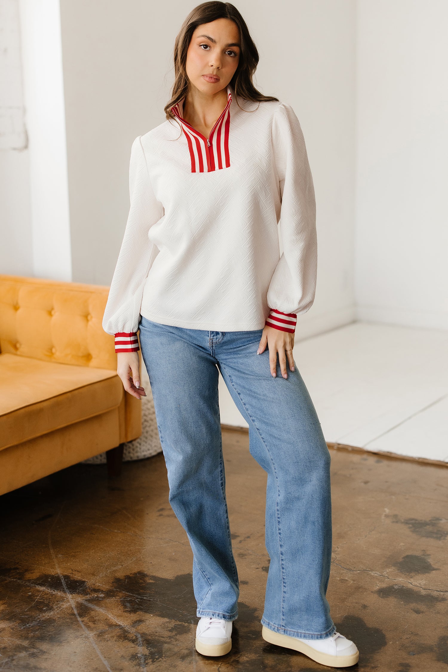 White Textured Knit Contrast Striped Accent Zipped Collar Pullover Top-Tops/Long Sleeve Tops-[Adult]-[Female]-2022 Online Blue Zone Planet