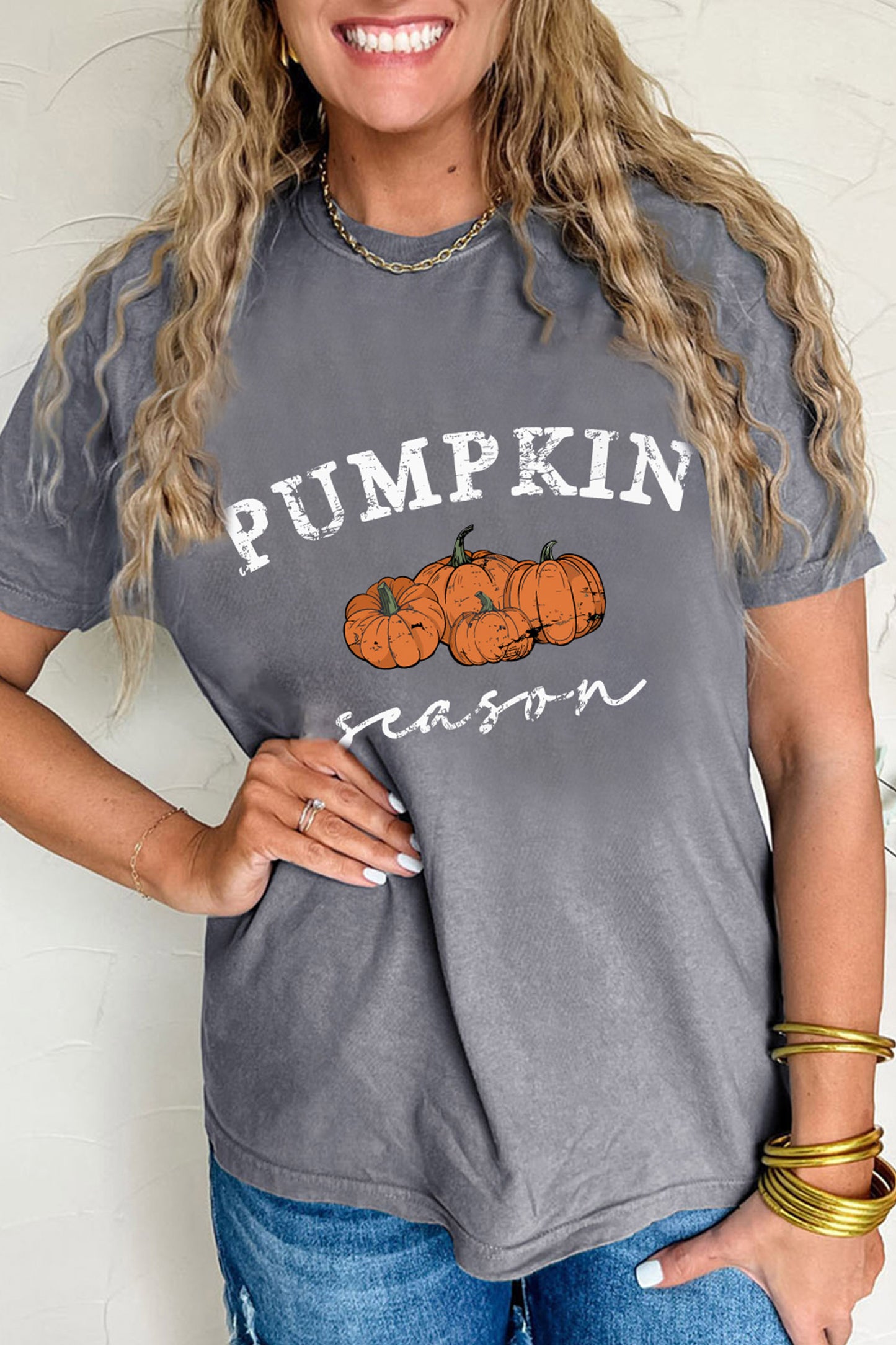 Gray Pumpkin Season Graphic Round Neck Short Sleeve T-Shirt-Graphic/Graphic Tees-[Adult]-[Female]-2022 Online Blue Zone Planet