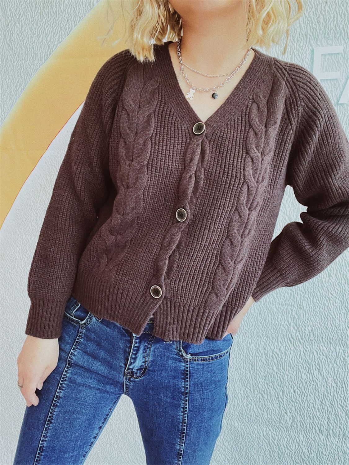 Cable-Knit V-Neck Button Down Long Sleeve Cardigan-TOPS / DRESSES-[Adult]-[Female]-Brown-One Size-2022 Online Blue Zone Planet