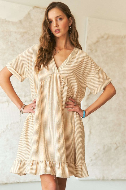 ADORA Ruffled Hem Striped V-Neck Babydoll Dress-TOPS / DRESSES-[Adult]-[Female]-Pastel Yellow-S-2022 Online Blue Zone Planet