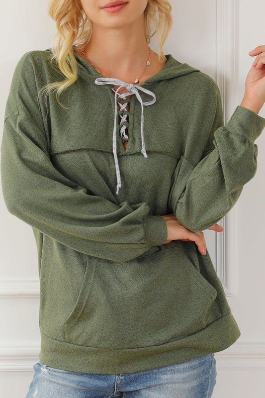 Blue Zone Planet | Lace Up Drop Shoulder Long Sleeve Hoodie-TOPS / DRESSES-[Adult]-[Female]-Army Green-S-2022 Online Blue Zone Planet