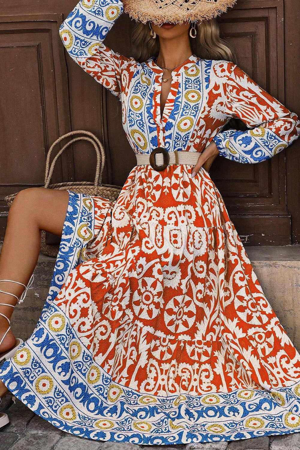 boho maxi dresses online Boho Empire Waist Dress for Women Casual Loose Fit Flare Long Sleeve Smocked Ruffled Maxi Dress Vintage V Neck Printed Plus Size Swing Hem Flowy Floor Length Dress for Wedding Guest S