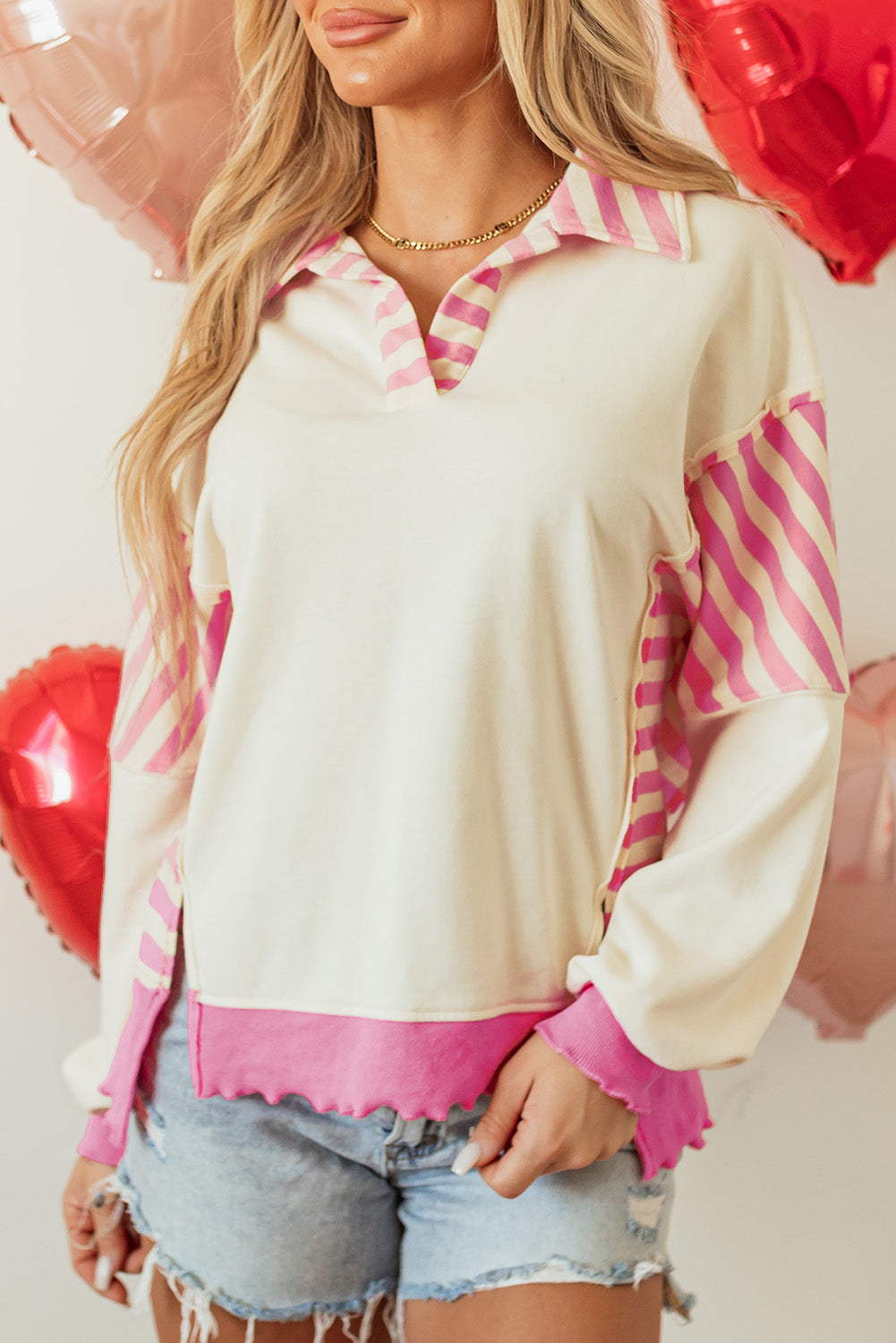 Blue Zone Planet | Pink Stripe Colorblock Patchwork Collared French Terry Knit Top-Tops/Blouses & Shirts-[Adult]-[Female]-2022 Online Blue Zone Planet