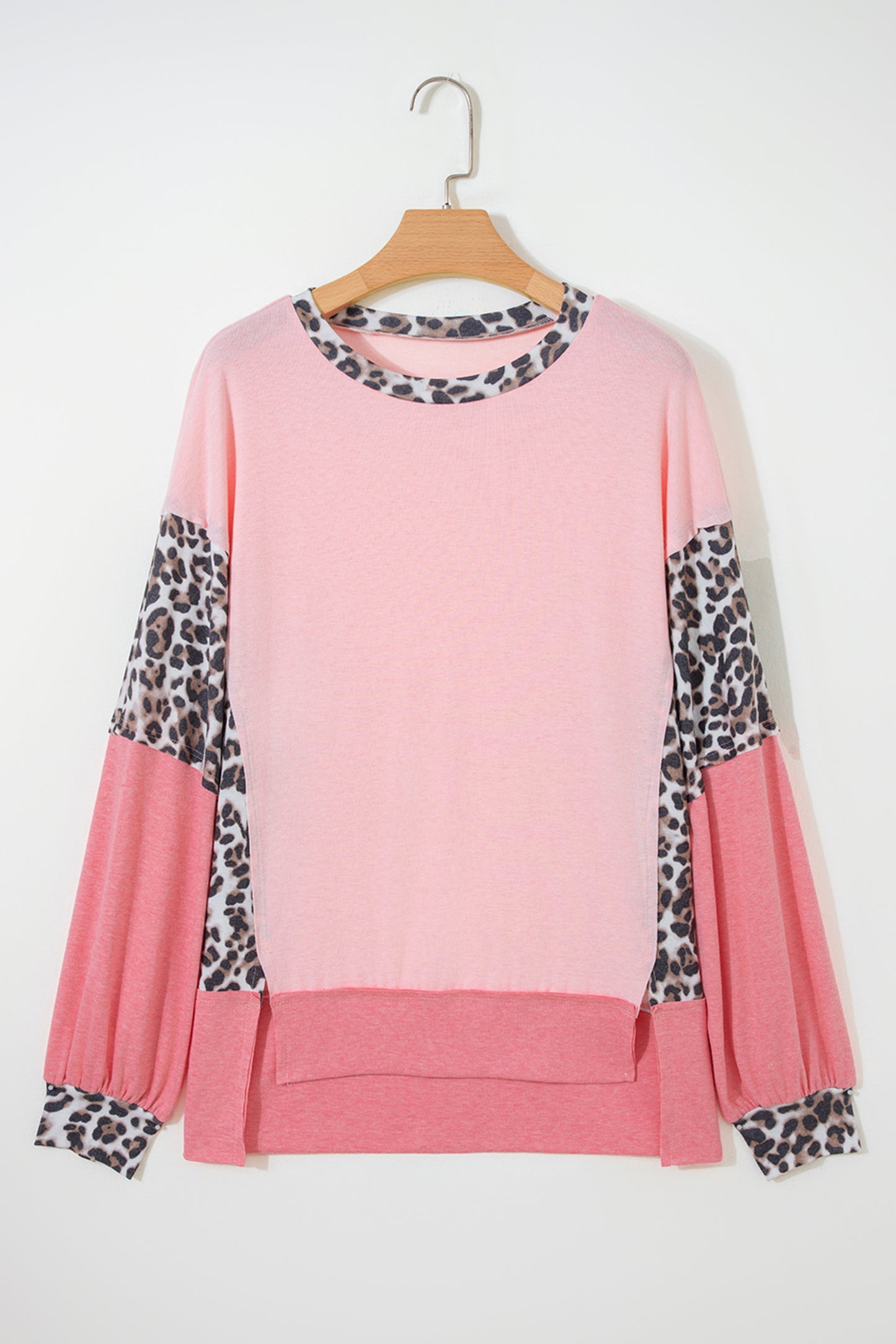 Light Pink Color Block Leopard Patchwork Dolman Sleeve High Low Baggy Sweatshirt-Tops/Sweatshirts & Hoodies-[Adult]-[Female]-2022 Online Blue Zone Planet