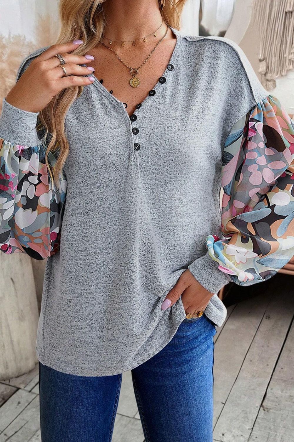 Printed Lantern Sleeve Buttoned V Neck Top-TOPS / DRESSES-[Adult]-[Female]-2022 Online Blue Zone Planet