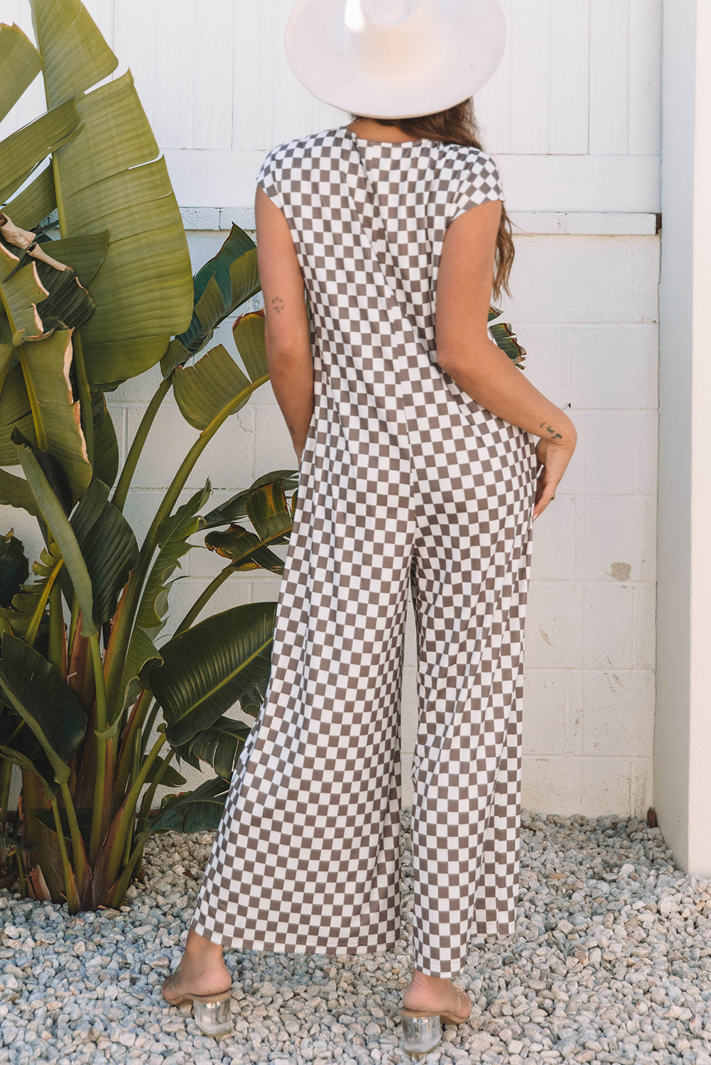 Khaki Checkered Print Buttoned Crew Neck Wide Leg Jumpsuit-Bottoms/Jumpsuits & Rompers-[Adult]-[Female]-2022 Online Blue Zone Planet