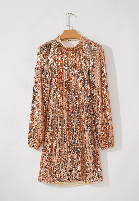 Backless Sequin Mock Neck Long Sleeve Mini Dress - Blue Zone Planet Backless Sequin Mock Neck Long Sleeve Mini Dress - Blue Zone Planet