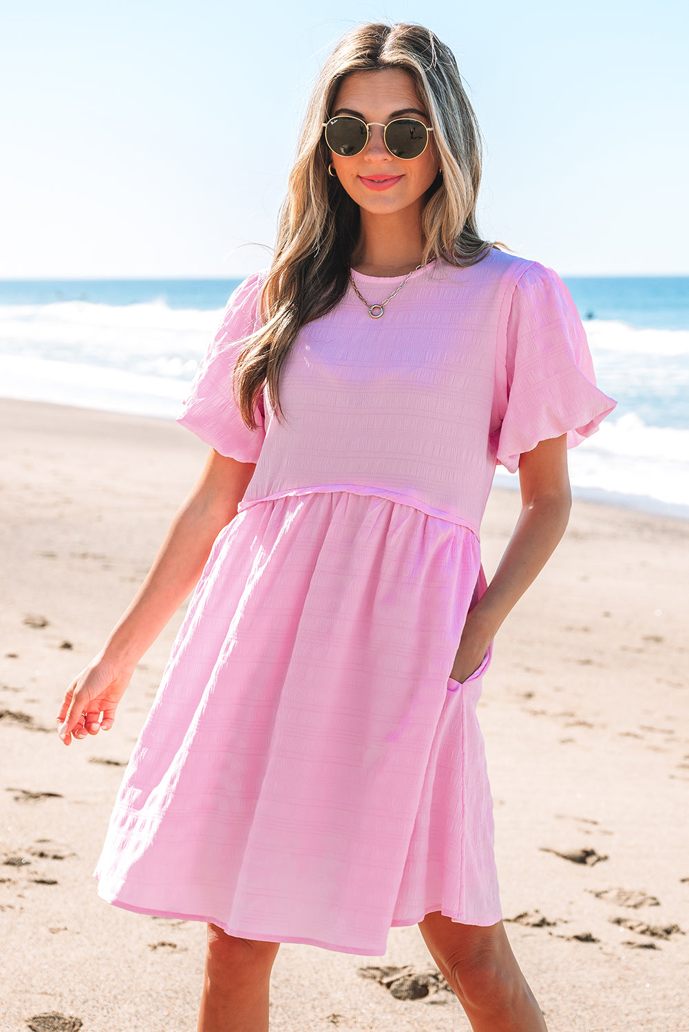 Bonbon Textured Bubble Sleeve High Waist Mini Dress-TOPS / DRESSES-[Adult]-[Female]-2022 Online Blue Zone Planet
