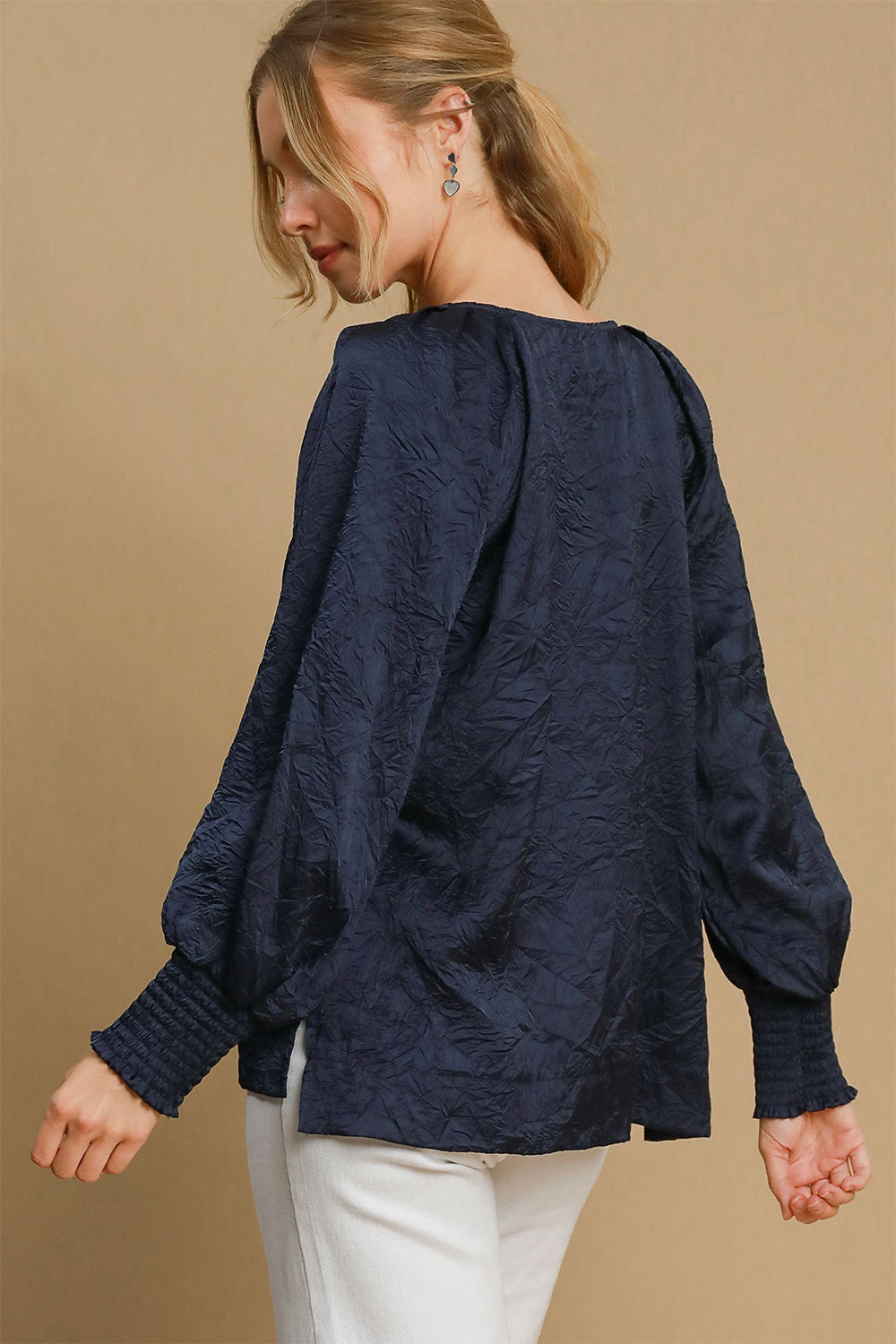 Umgee Wrinkled Round Neck Lantern Sleeve Blouse-TOPS / DRESSES-[Adult]-[Female]-2022 Online Blue Zone Planet