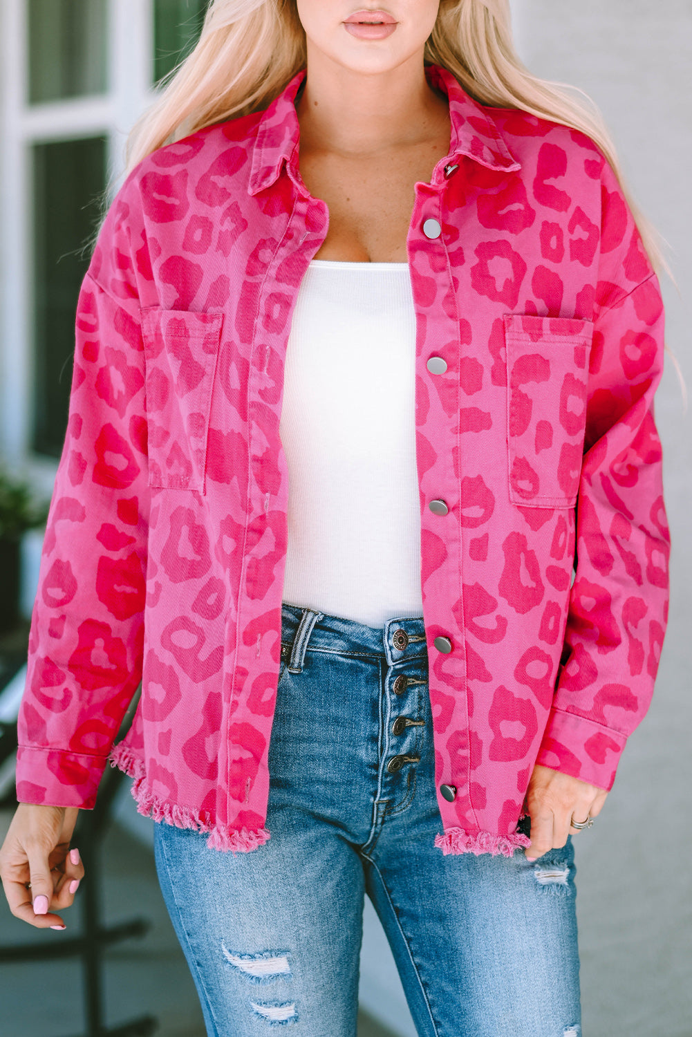 Pink Leopard Print Button Cuffs Raw Hem Jacket-Sale (50% OFF)/30% OFF-[Adult]-[Female]-2022 Online Blue Zone Planet