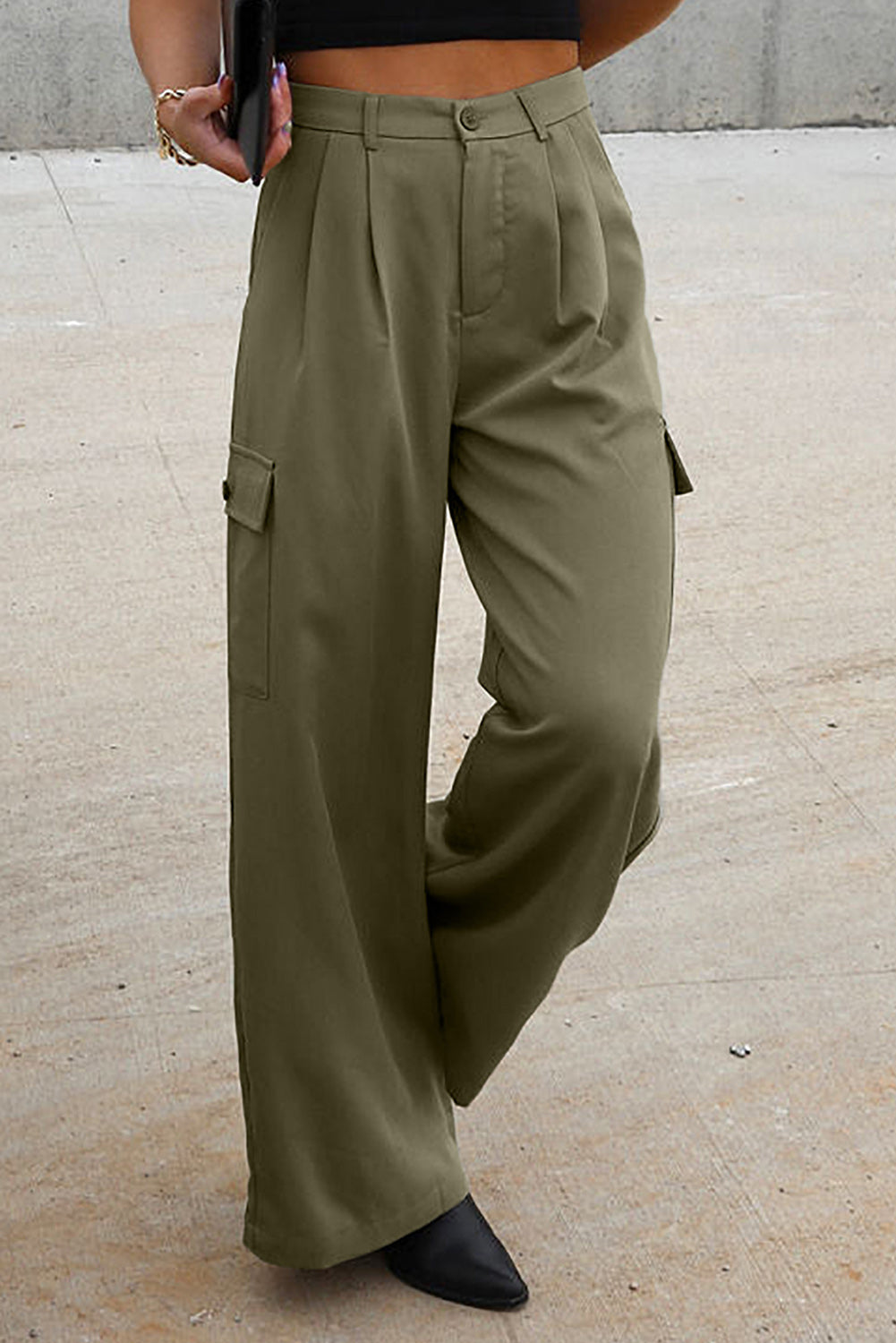 Ruched Wide Leg Pants with Pockets-BOTTOMS SIZES SMALL MEDIUM LARGE-[Adult]-[Female]-2022 Online Blue Zone Planet