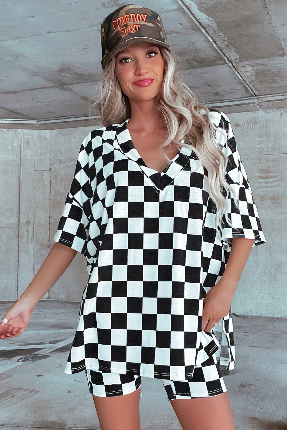 Black Checkerboard Print V Neck Loose Tee and Shorts Lounge Set-Loungewear & Sleepwear/Loungewear-[Adult]-[Female]-2022 Online Blue Zone Planet