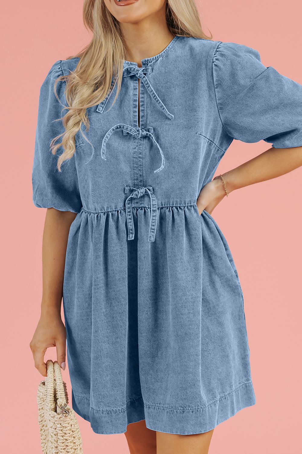 Bowknot Round Neck Half Sleeve Denim Dress-TOPS / DRESSES-[Adult]-[Female]-Medium-S-2022 Online Blue Zone Planet