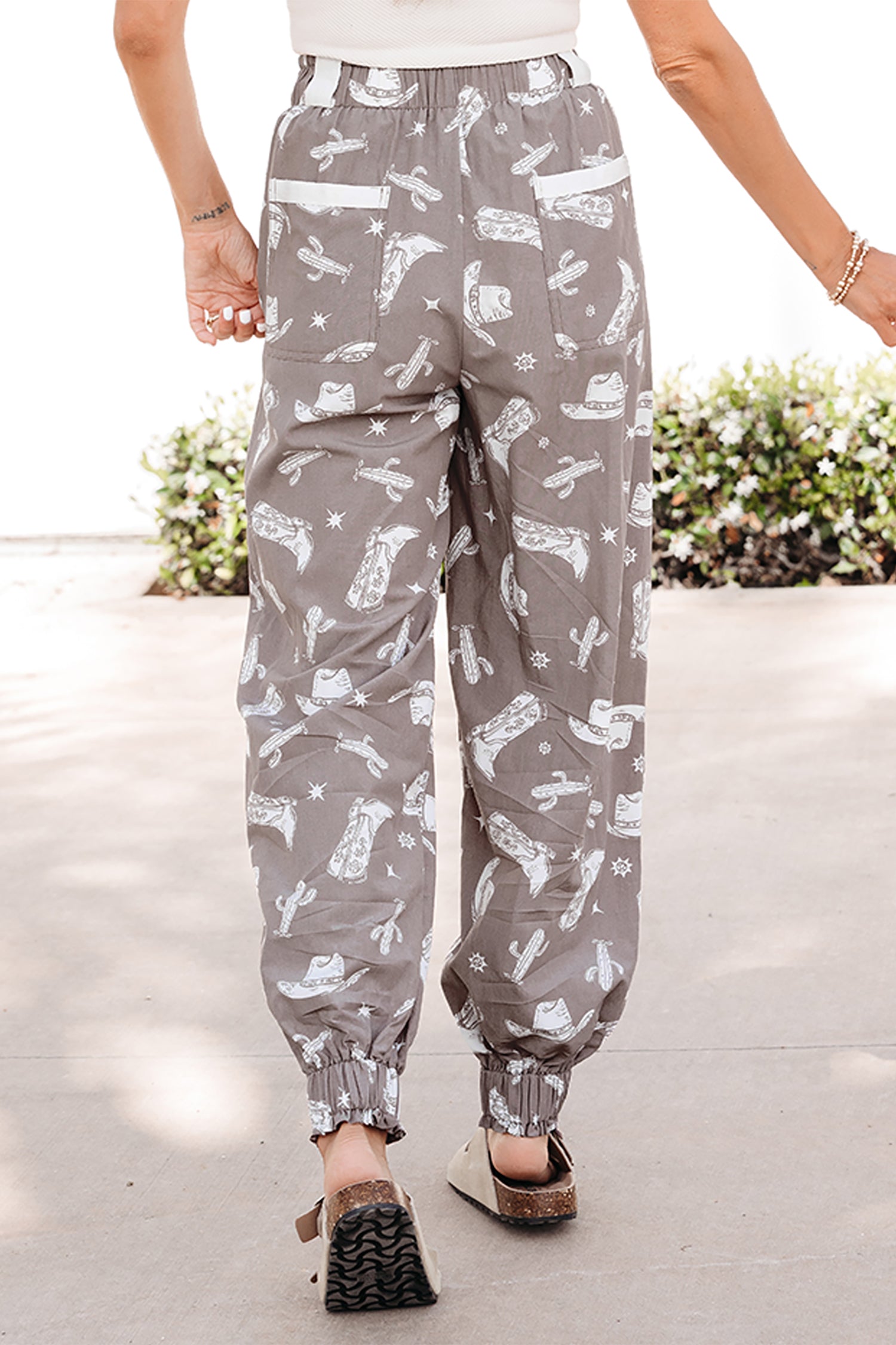 Khaki Western Cactus Cowgirl Hat Boot Printed Vintage Drawstring Jogger Pants-Bottoms/Pants & Culotte-[Adult]-[Female]-2022 Online Blue Zone Planet