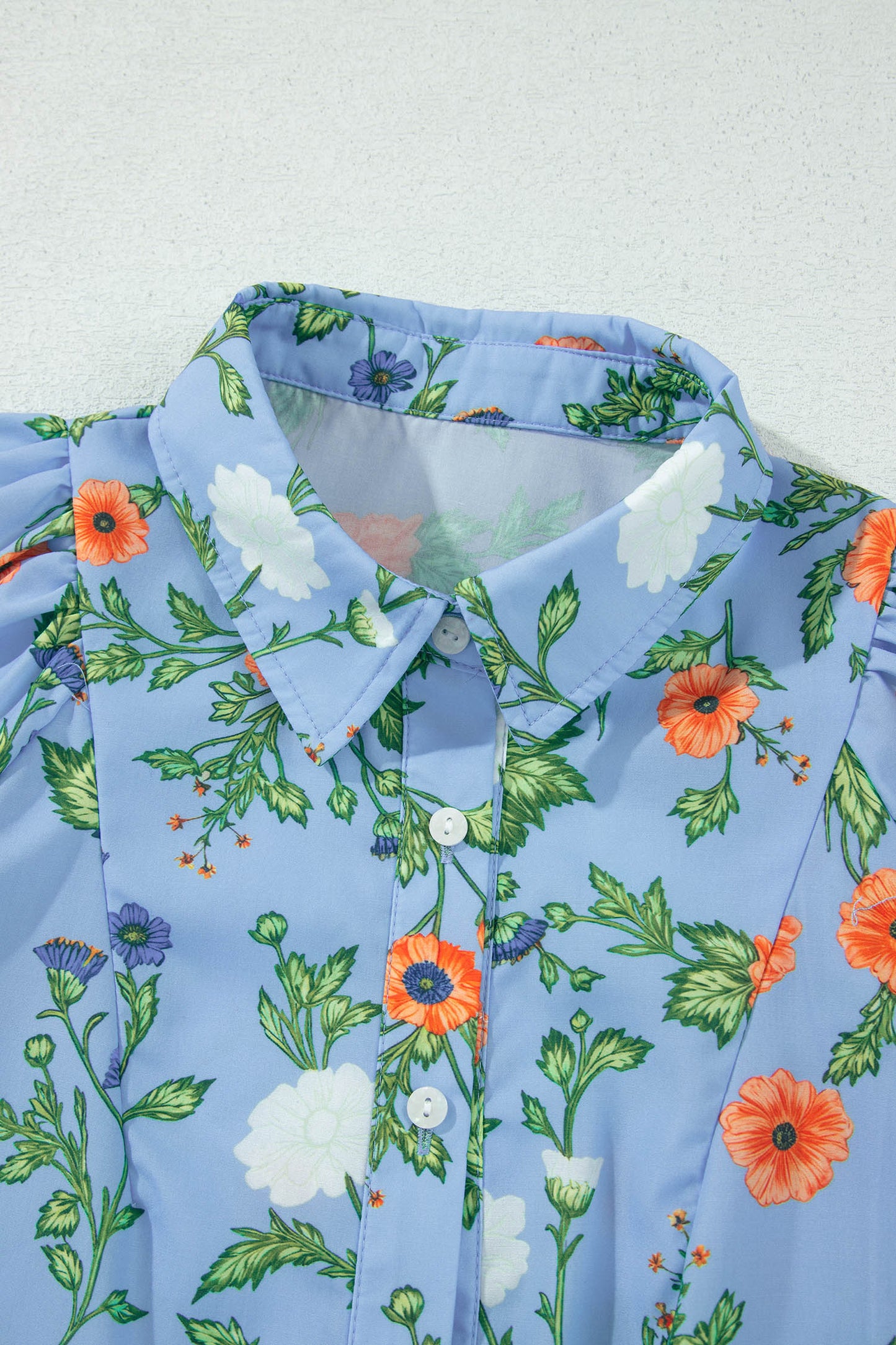 Sky Blue Floral Print Bracelet Sleeve Button Down Casual Shirt-Bracelet-[Adult]-[Female]-2022 Online Blue Zone Planet