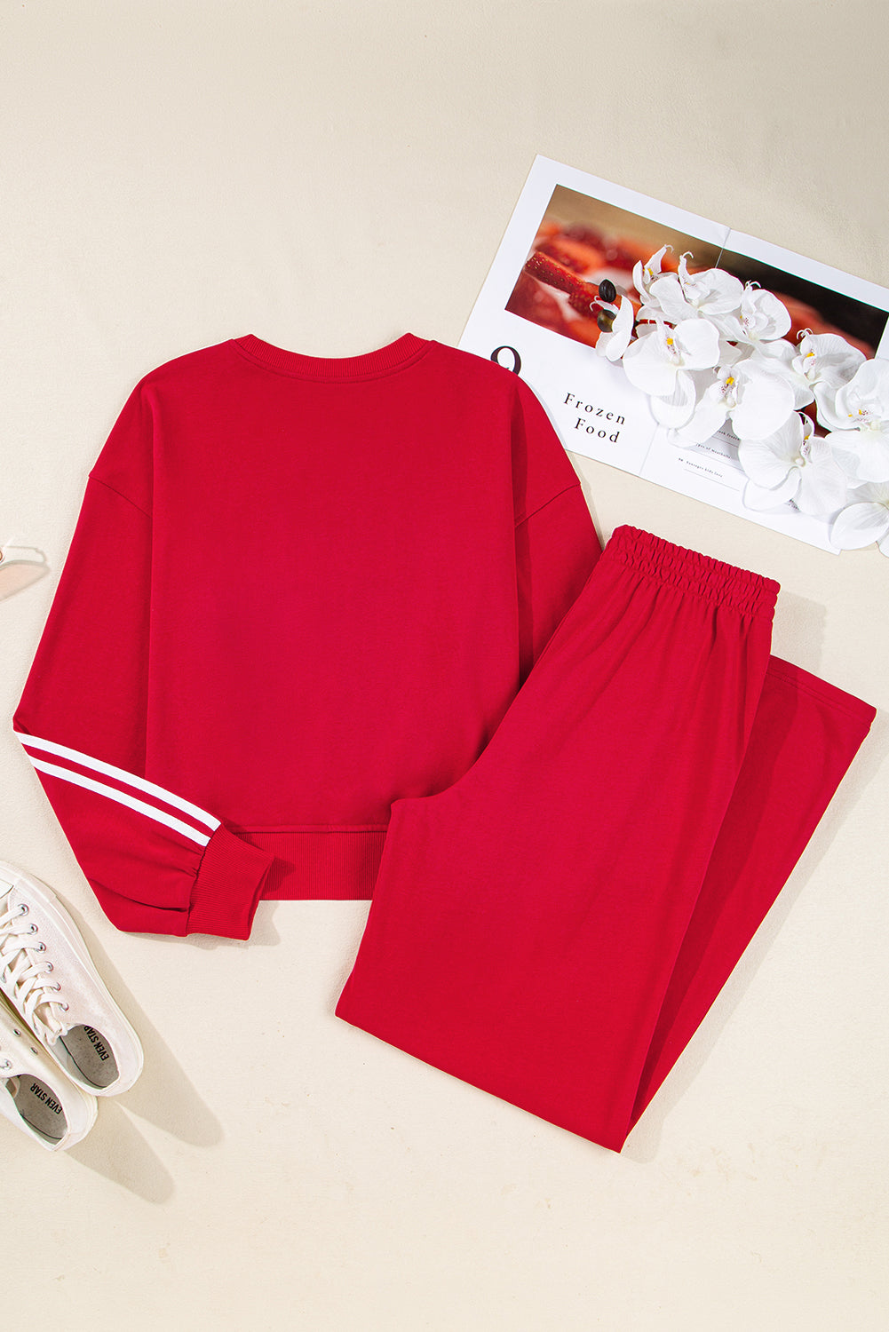 Fiery Red Varsity Striped Detail Crewneck Pullover Elastic Sweatpants 2pcs Outfit-Two Piece Sets/Pant Sets-[Adult]-[Female]-2022 Online Blue Zone Planet