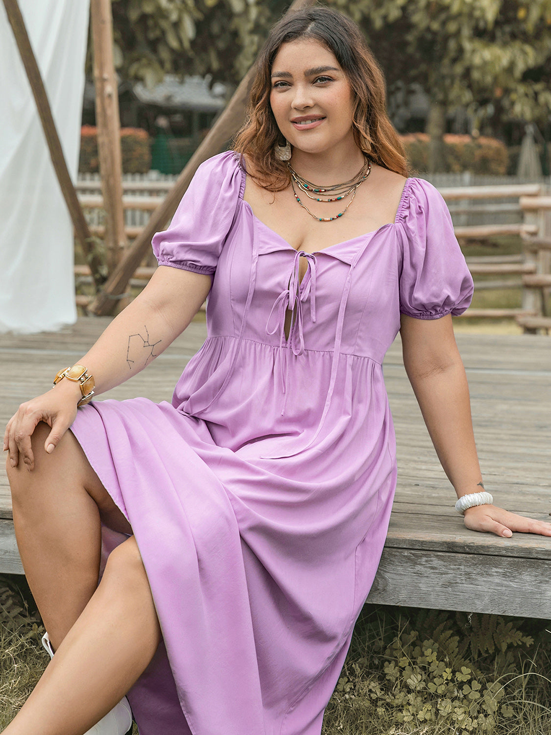 Blue Zone Planet | Plus Size Tie Neck Short Sleeve Dress-TOPS / DRESSES-[Adult]-[Female]-2022 Online Blue Zone Planet