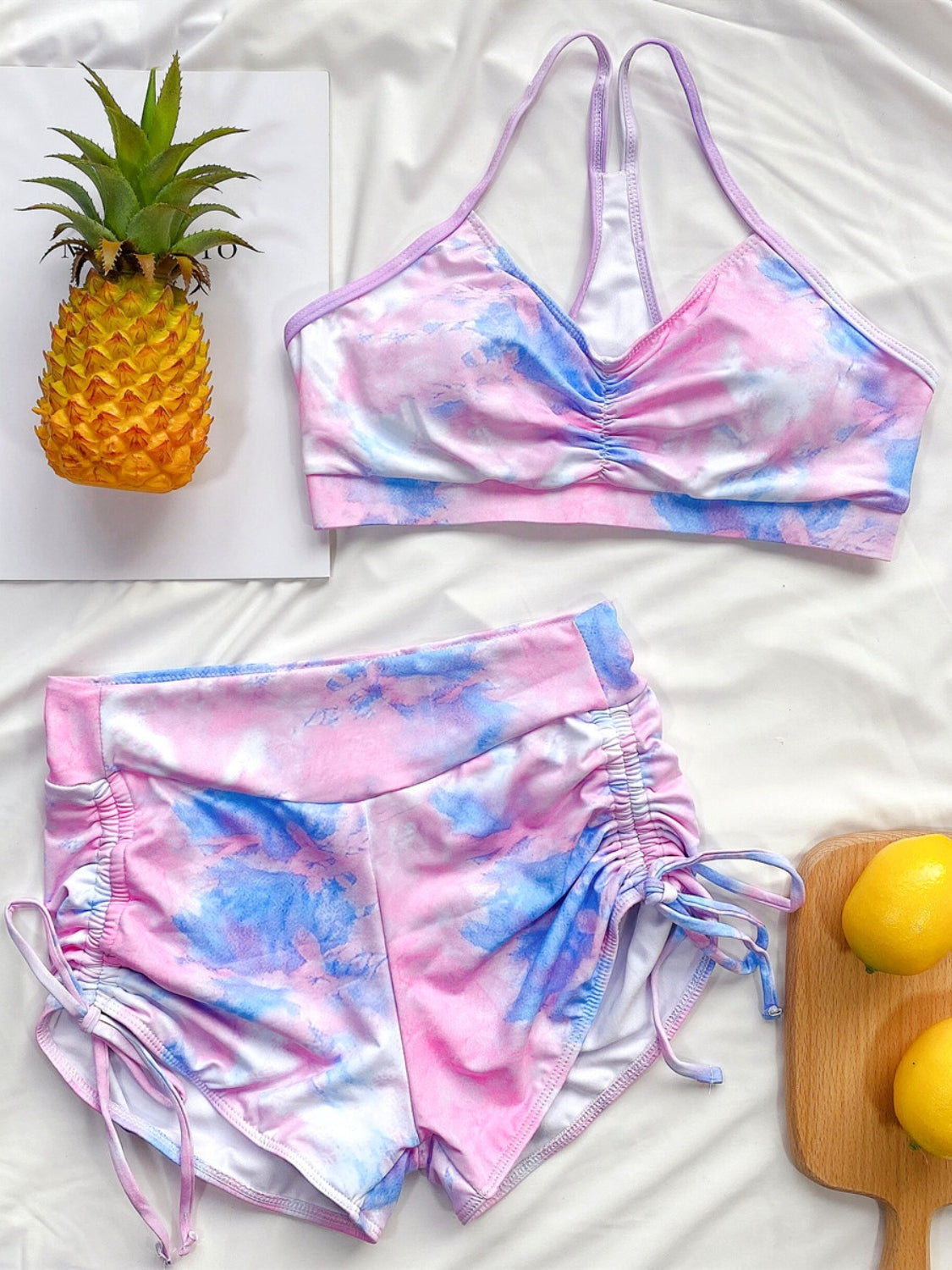 Blue Zone Planet | Tie-Dye Spaghetti Strap Top and Drawstring Shorts Swim Set-TOPS / DRESSES-[Adult]-[Female]-2022 Online Blue Zone Planet