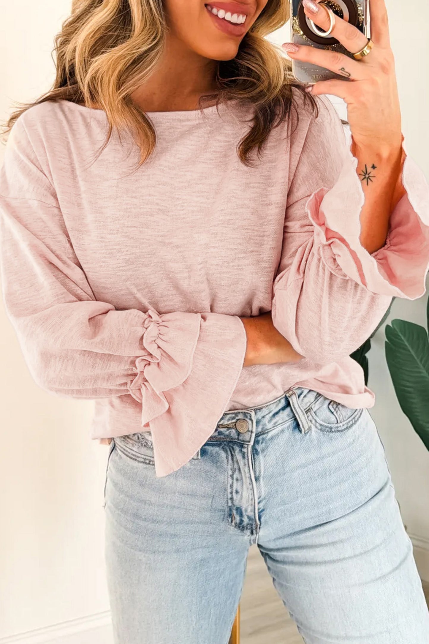Gossamer Pink Ruffle Sleeve Long Sleeve Loose Pullover Top-Tops/Long Sleeve Tops-[Adult]-[Female]-2022 Online Blue Zone Planet