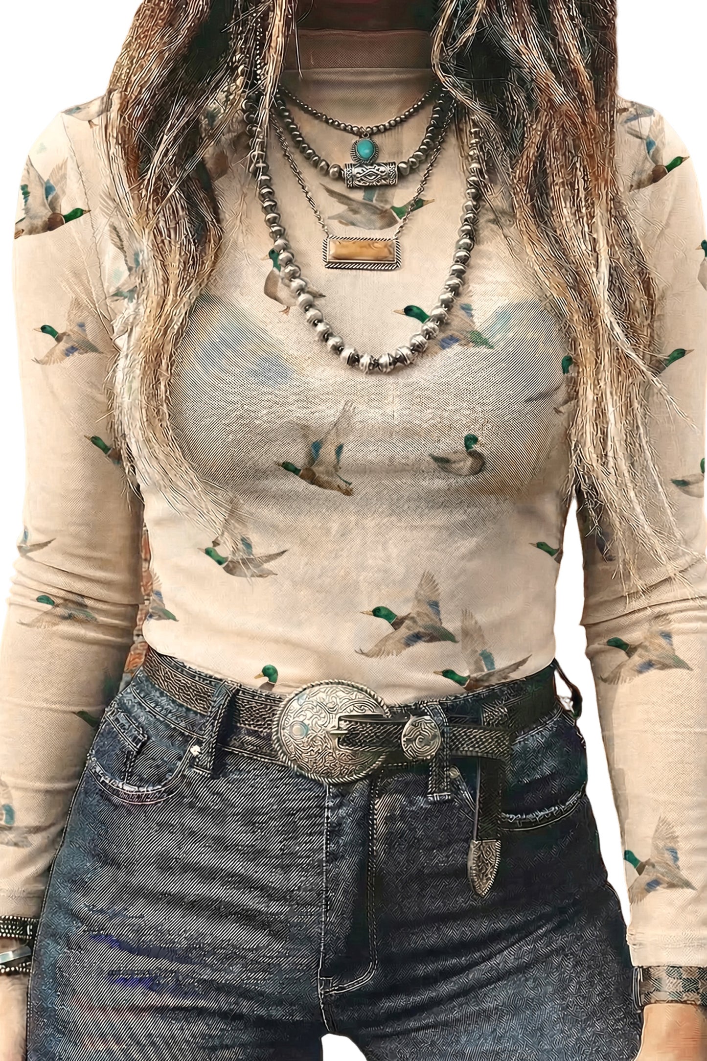 Beige Western Print Mesh High Neck Long Sleeve Sheath Top-Tops/Long Sleeve Tops-[Adult]-[Female]-2022 Online Blue Zone Planet
