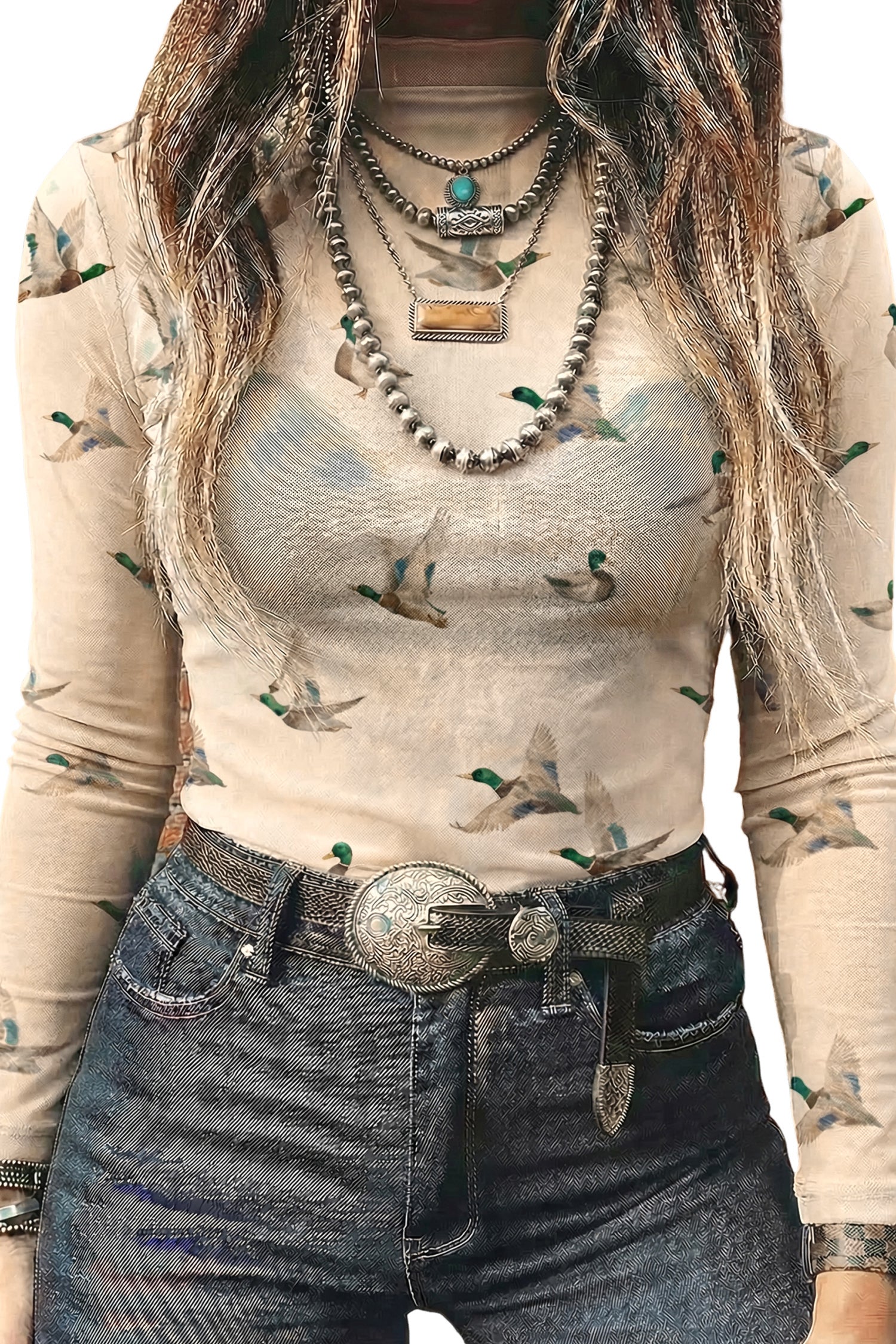 Beige Western Print Mesh High Neck Long Sleeve Sheath Top-Tops/Long Sleeve Tops-[Adult]-[Female]-2022 Online Blue Zone Planet