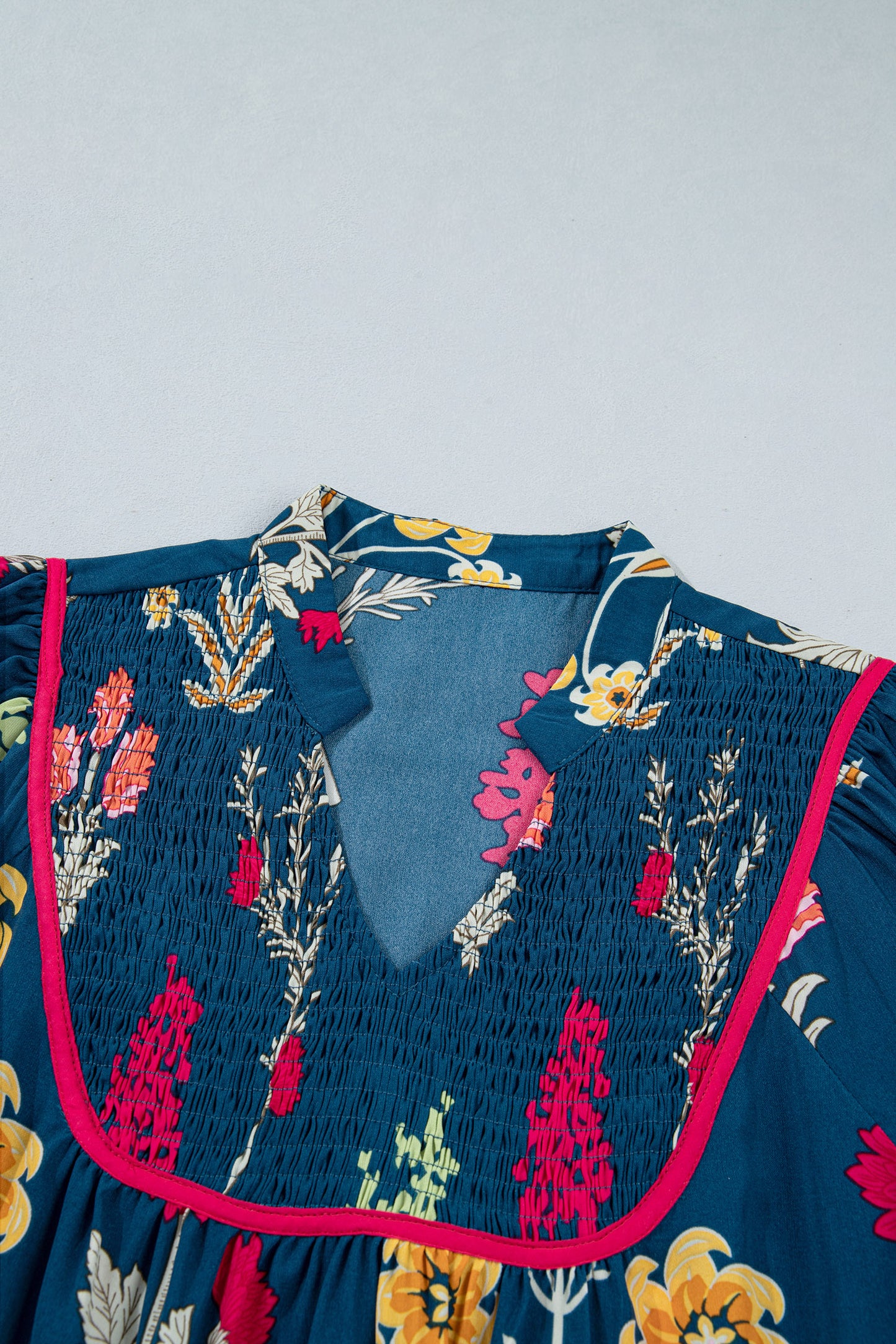 Blue Floral Print Gathered Neckline 7/8 Sleeve Casual Midi Dress-TOPS / DRESSES-[Adult]-[Female]-2022 Online Blue Zone Planet