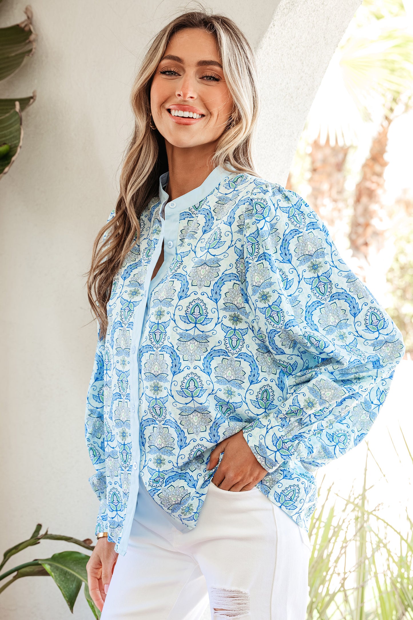 Sky Blue Paisley Print Puff Sleeve Loose Shirt-Tops/Blouses & Shirts-[Adult]-[Female]-2022 Online Blue Zone Planet