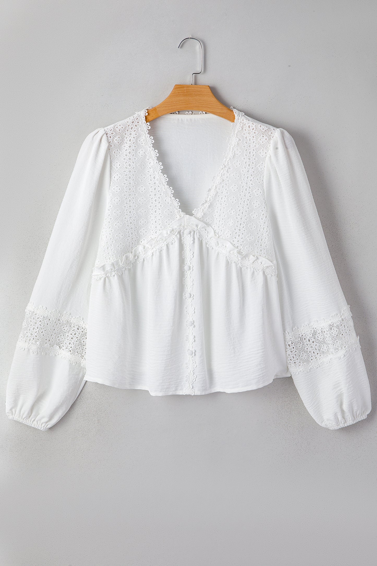 White Solid Color Floral Guipure Lace Patchwork Frilled Long Sleeve Blouse-Tops/Blouses & Shirts-[Adult]-[Female]-2022 Online Blue Zone Planet