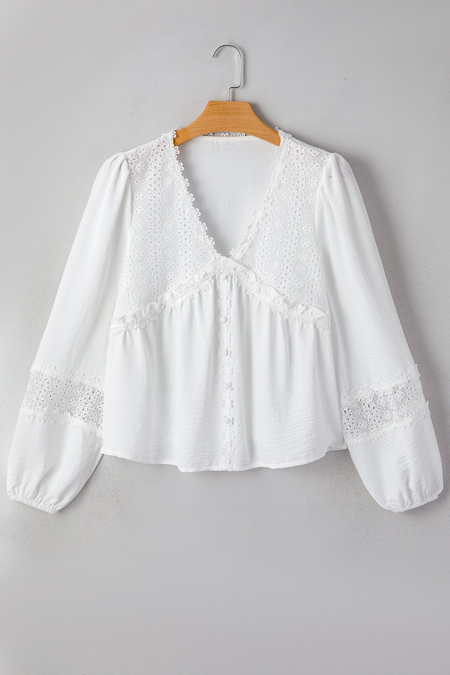 White Solid Color Floral Guipure Lace Patchwork Frilled Long Sleeve Blouse-Tops/Blouses & Shirts-[Adult]-[Female]-2022 Online Blue Zone Planet