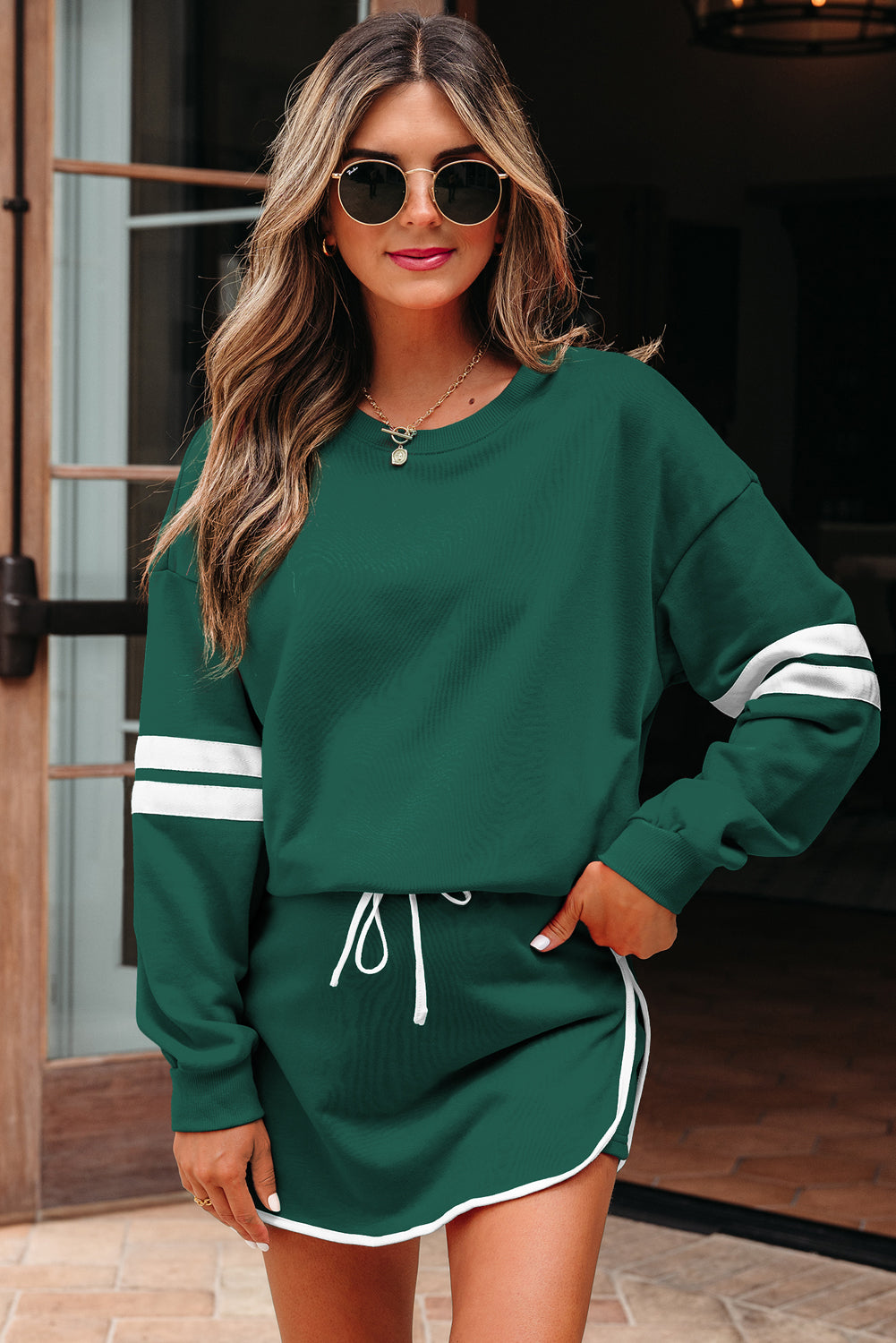 Evergreen Varsity Stripe Detail Drop Shoulder Pullover Mini Skirt Set-Two Piece Sets/Two Piece Dresses-[Adult]-[Female]-2022 Online Blue Zone Planet